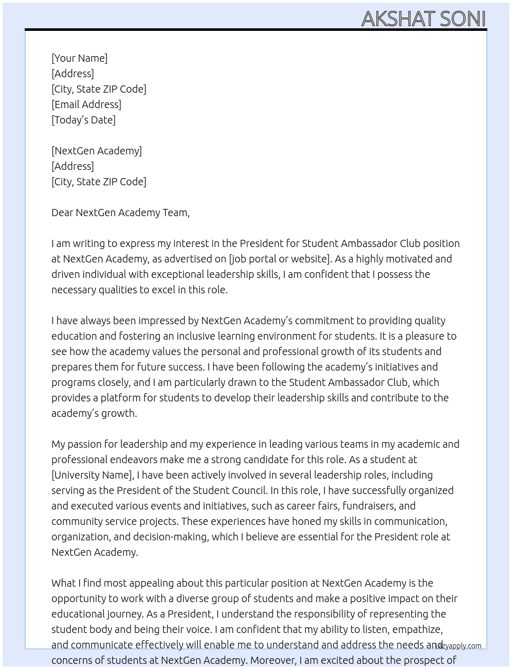 President for student ambassador club At NextGen  Cover Letter