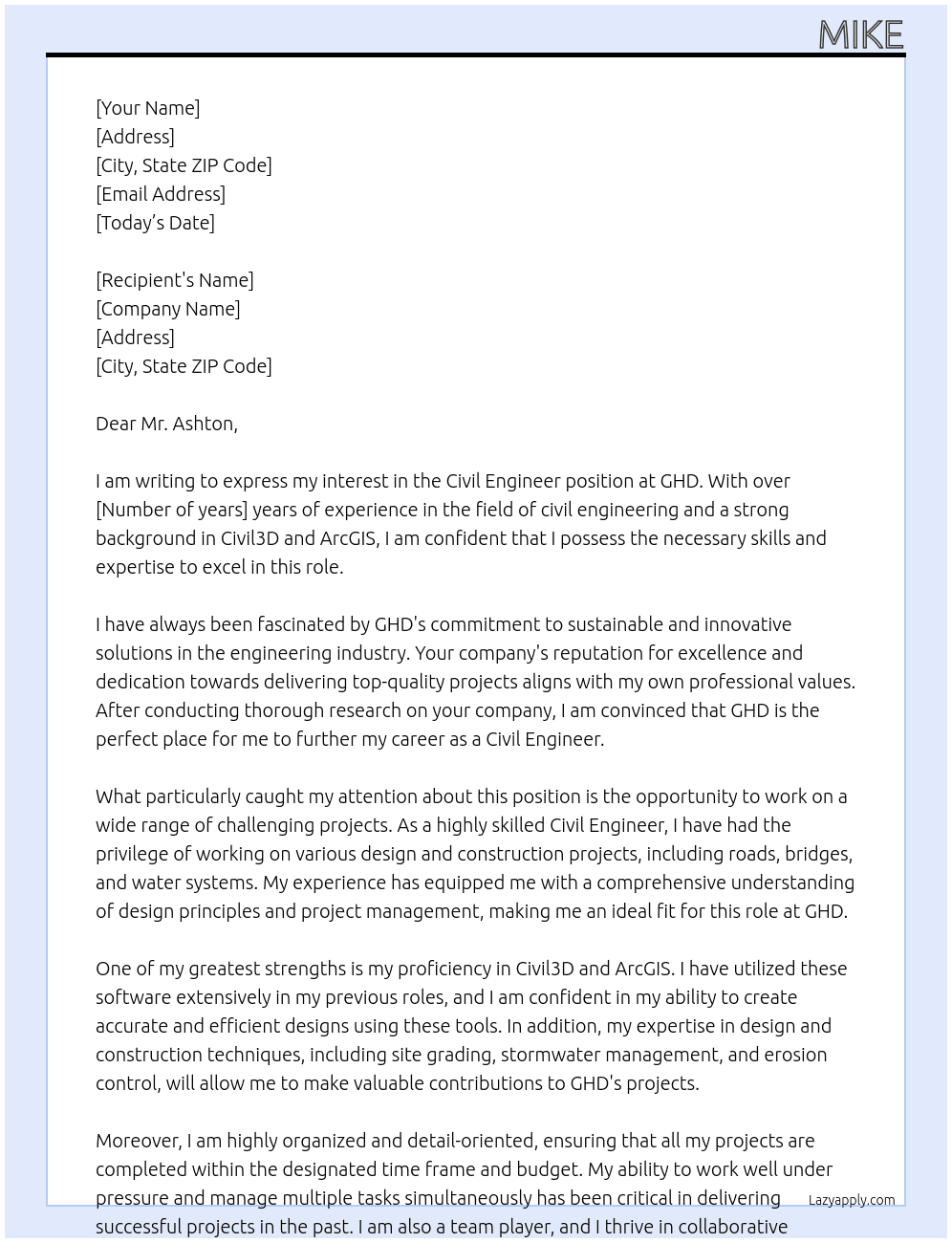 Civil Engineer At GHD Cover Letter