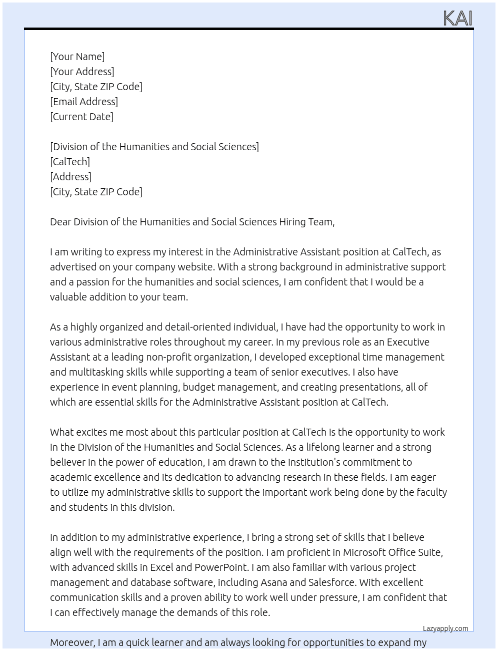 Administrative Assistant At CalTech Cover Letter