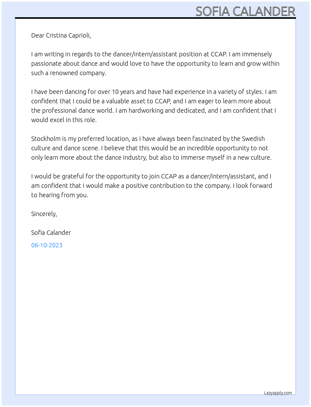 Dancer / intern / assistant At CCAP Cover Letter