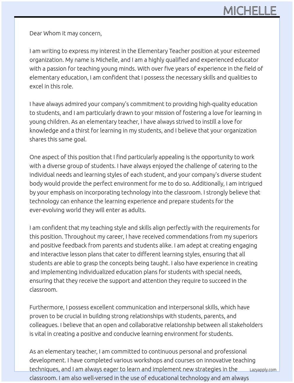 Elementary Teacher  At Whom it may concern Cover Letter