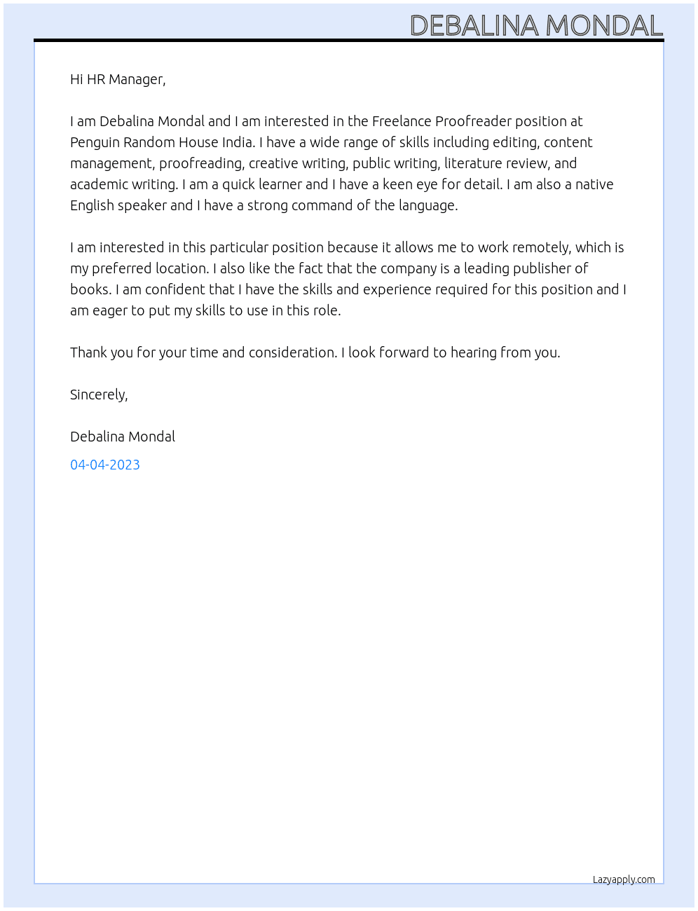 Freelance Proofreader At Penguin Random House India Cover Letter