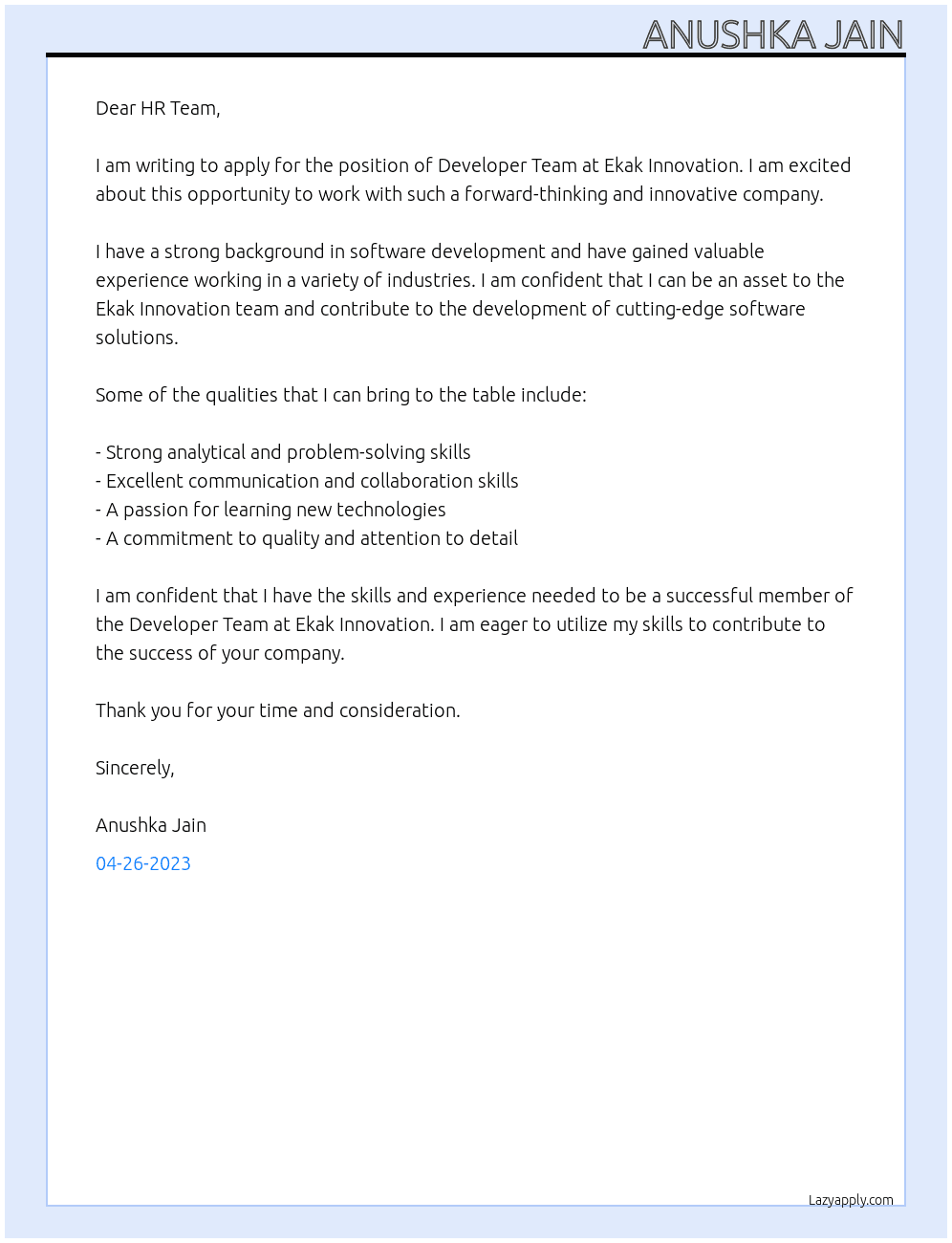 Developer Team At Ekak Innovation Cover Letter