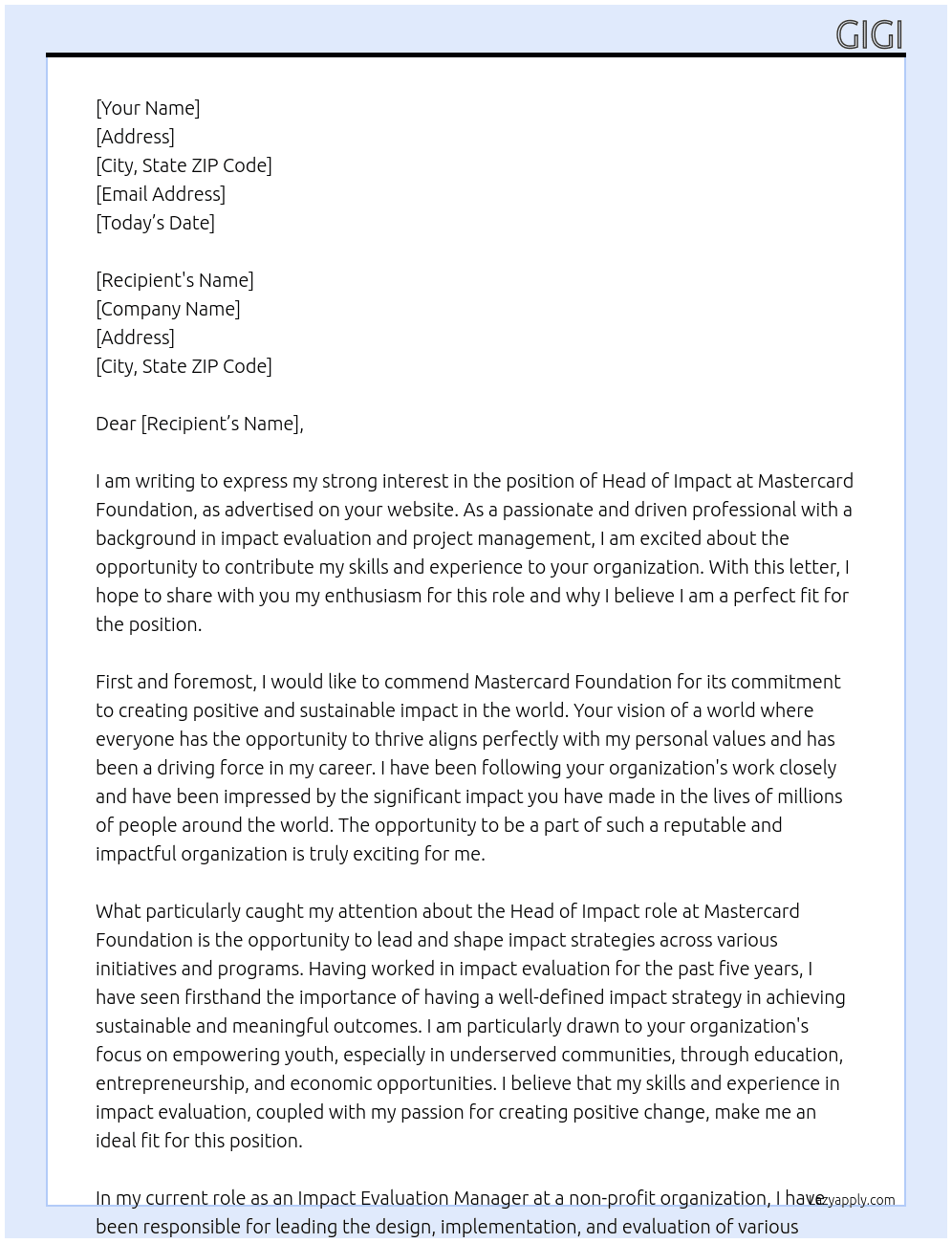 Head of impact At Mastercard Foundation Cover Letter