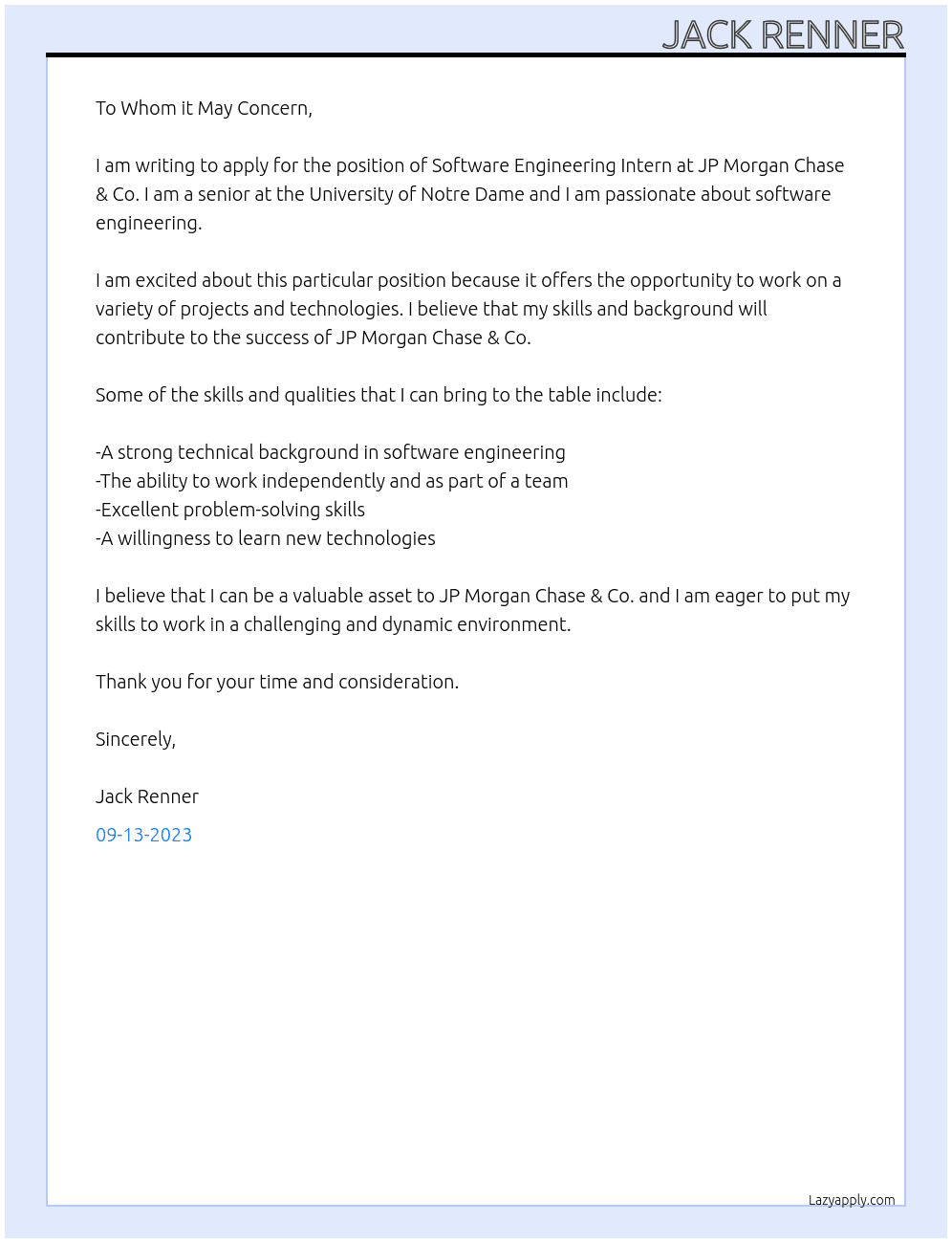 Software Engineering Intern At JP Morgan Chase & Co. Cover Letter