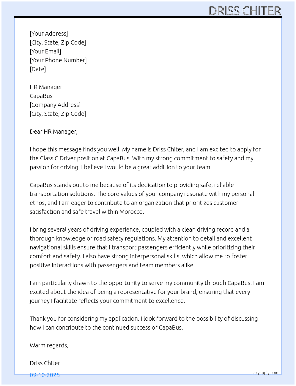 Class c driver At CapaBus Cover Letter