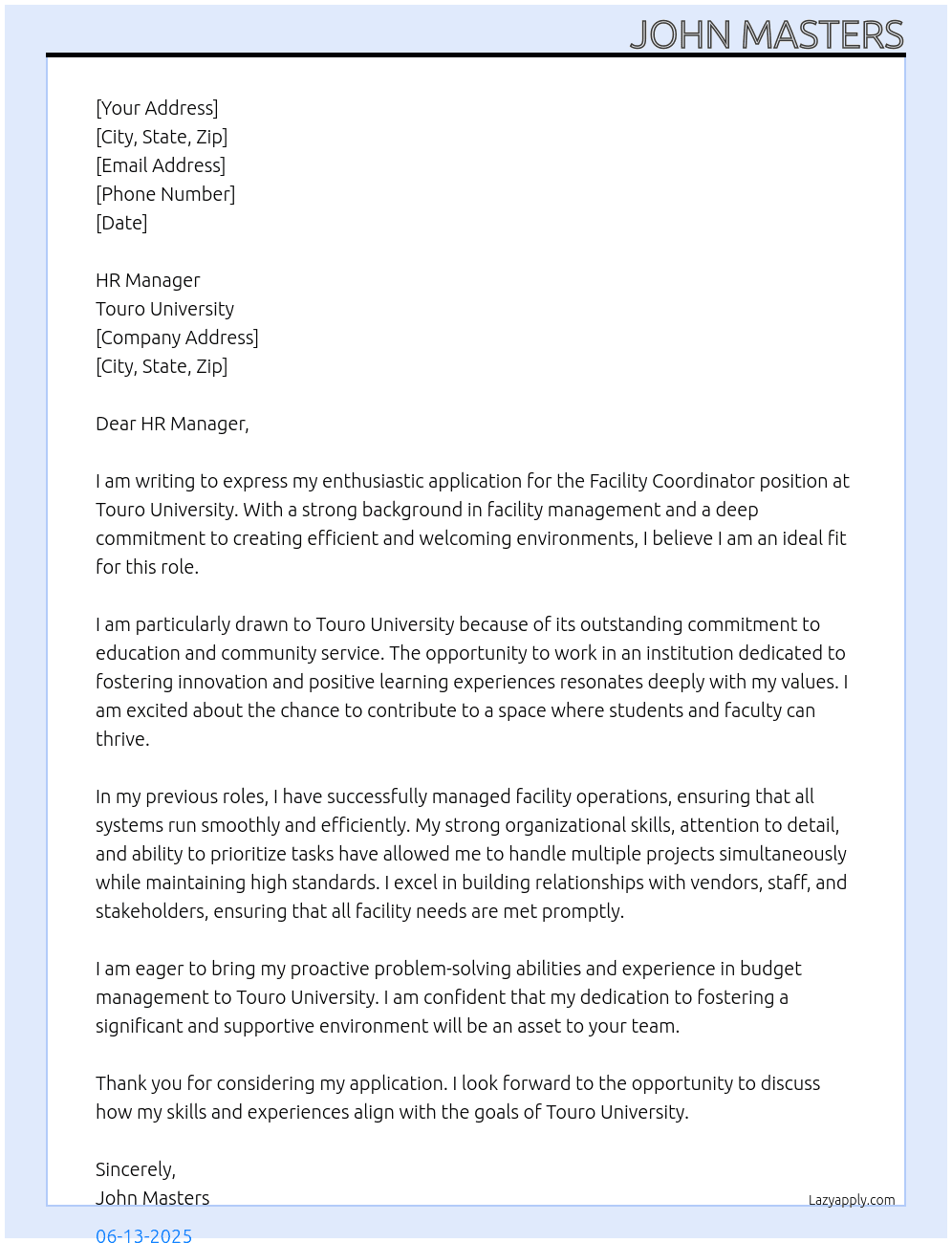 Faciliy coordinator At Touro University Cover Letter