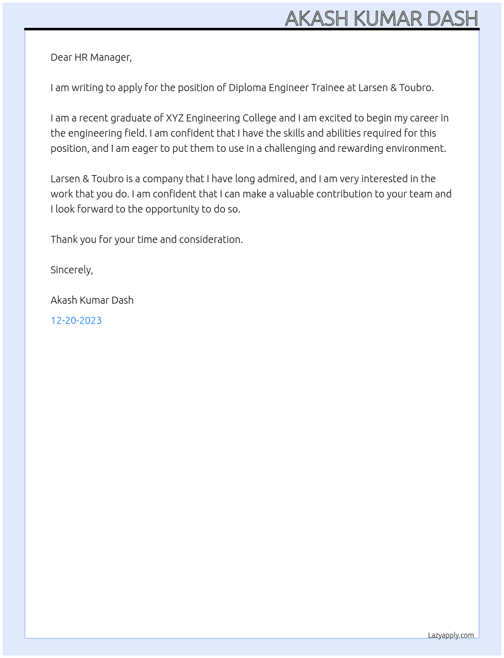 DIPLOMA ENGINEER TRAINEE At LARSEN & TOUBRO Cover Letter