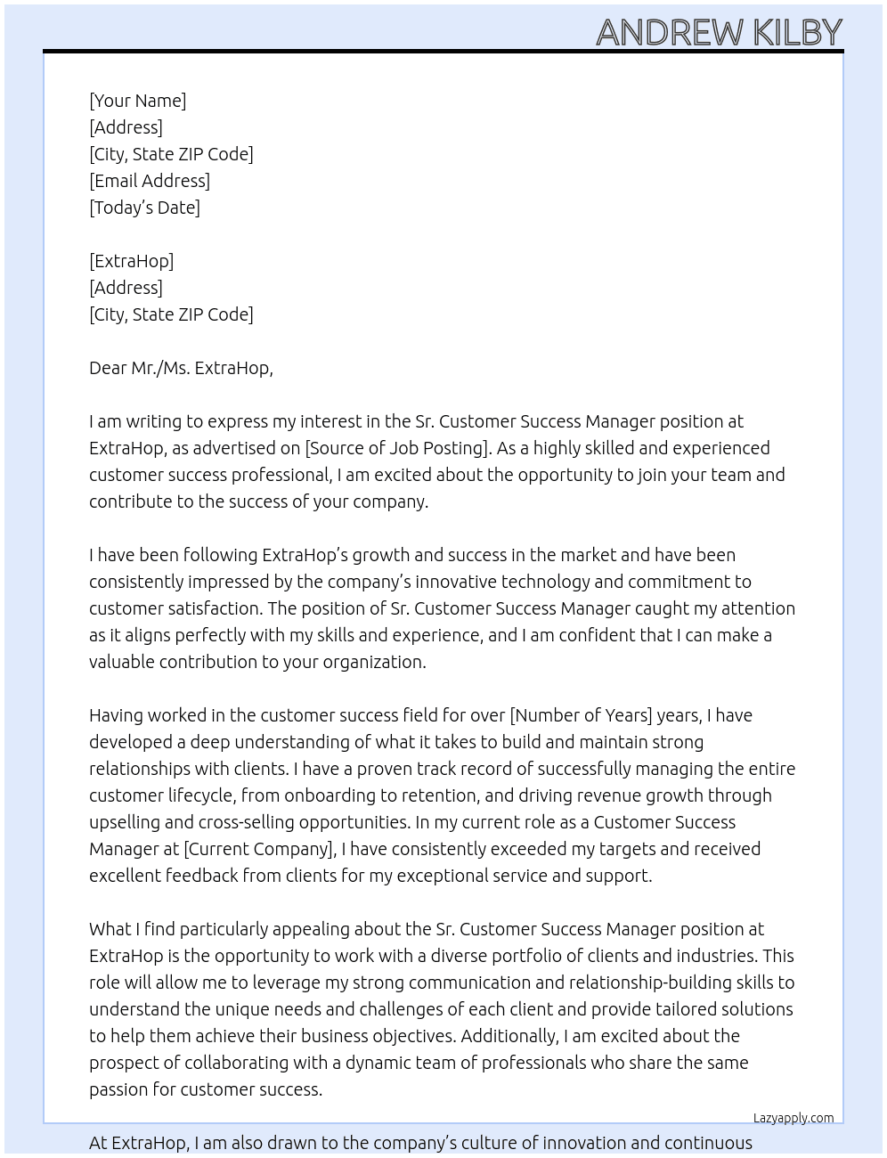 Sr. Customer Success Manager At ExtraHop Cover Letter