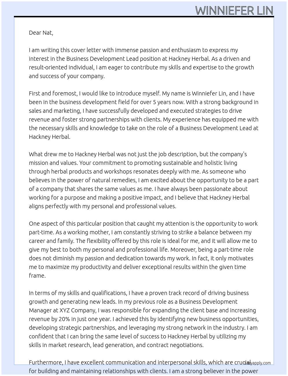 Business development lead At Hackney Herbal Cover Letter