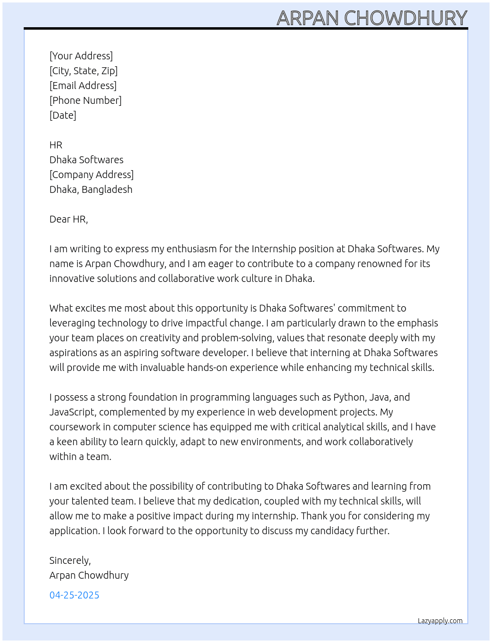 Internship At Dhaka Softwares Cover Letter