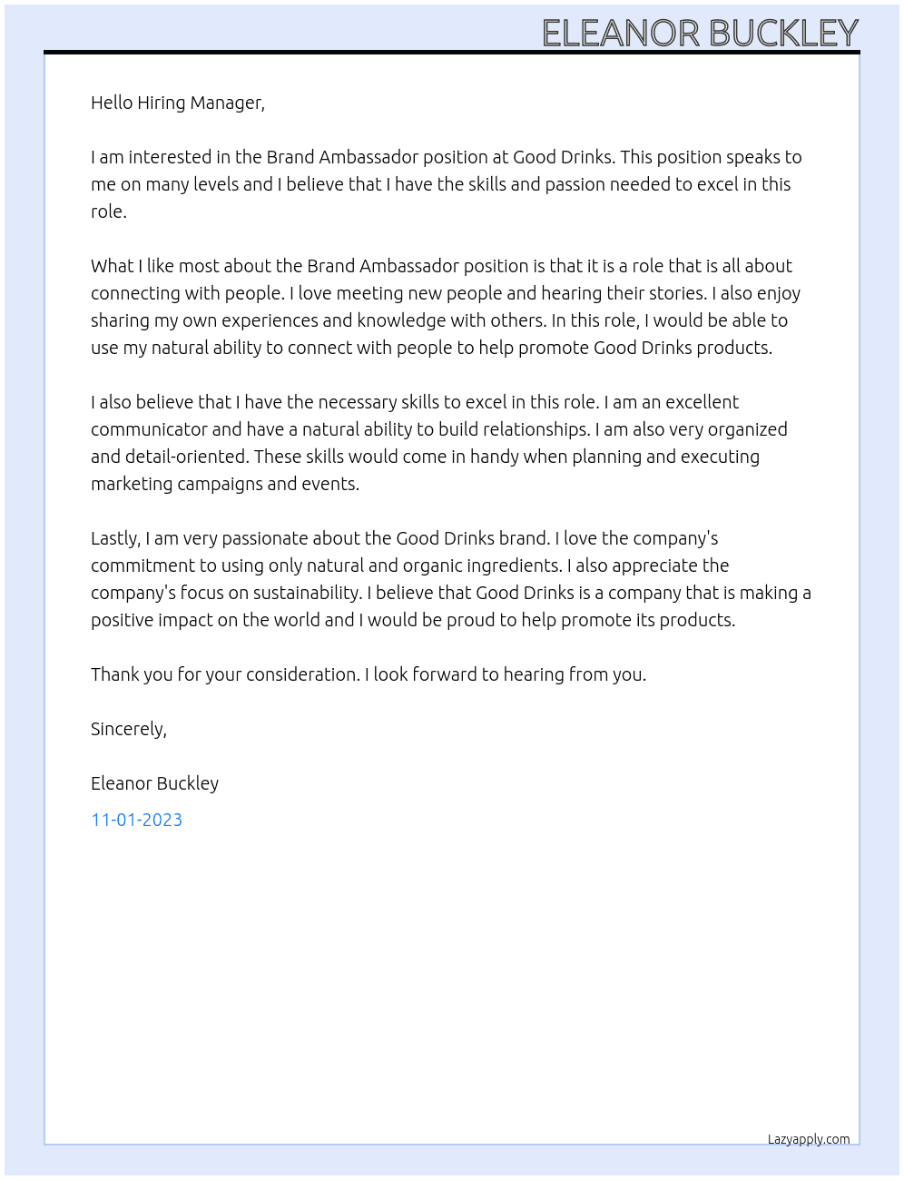 Brand Ambassador At Good Drinks Cover Letter