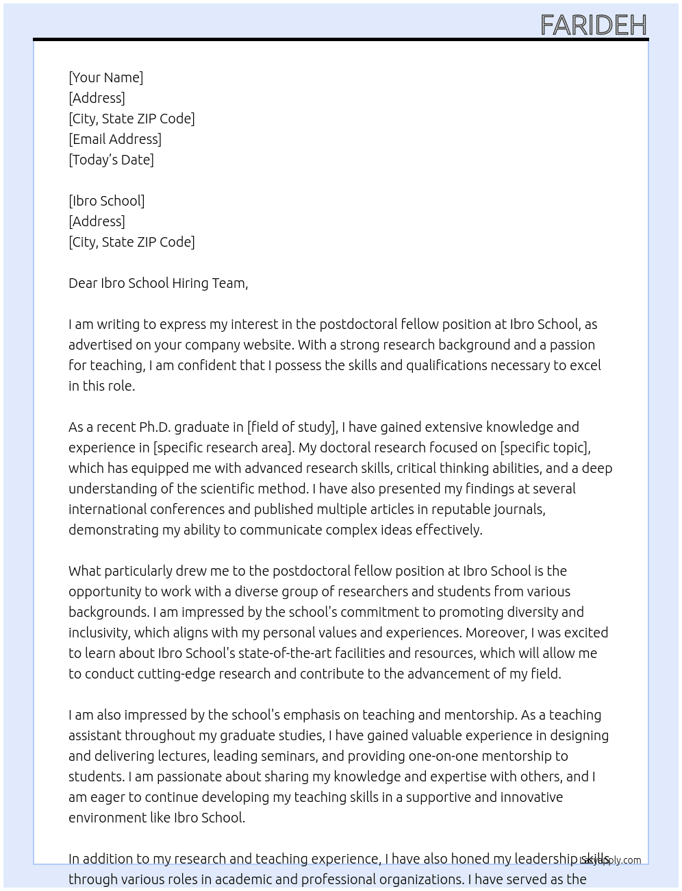 postdoc fellow At Ibro schhool Cover Letter