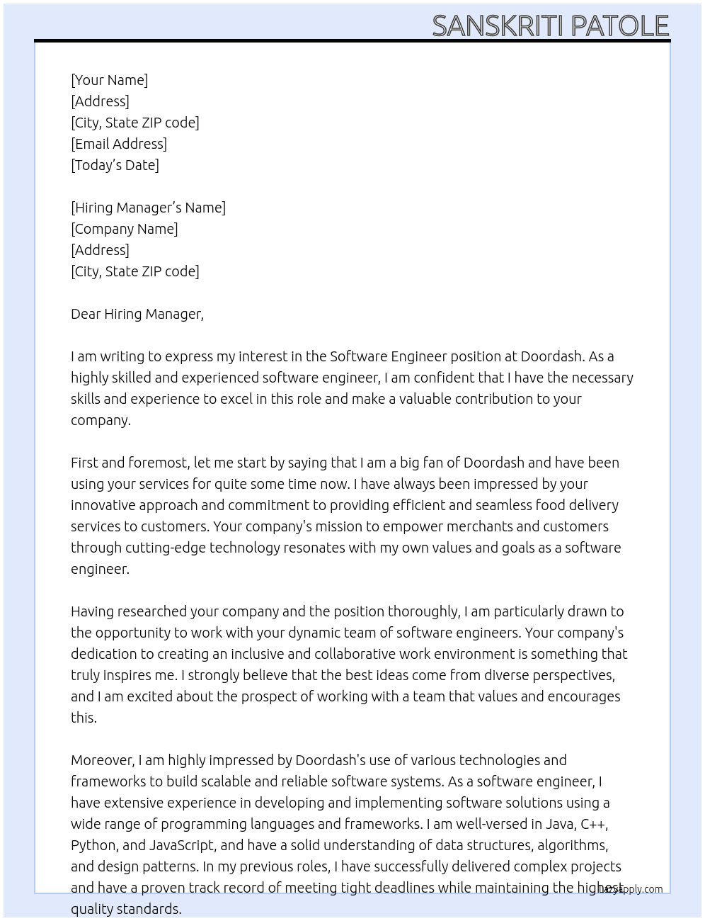 Software Engineer  At Doordash Cover Letter