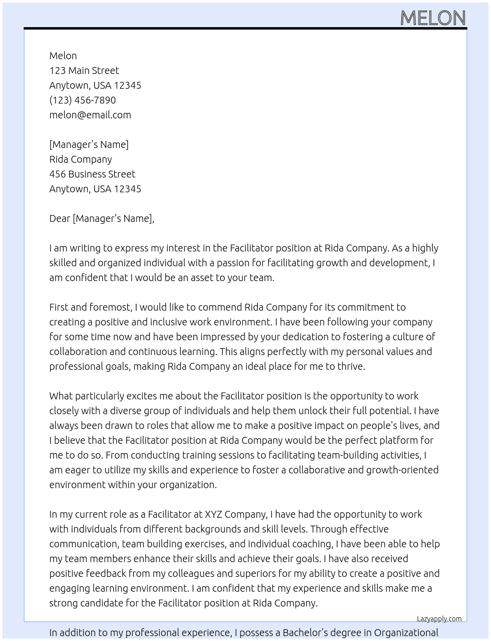 Facilitator At Rida Cover Letter