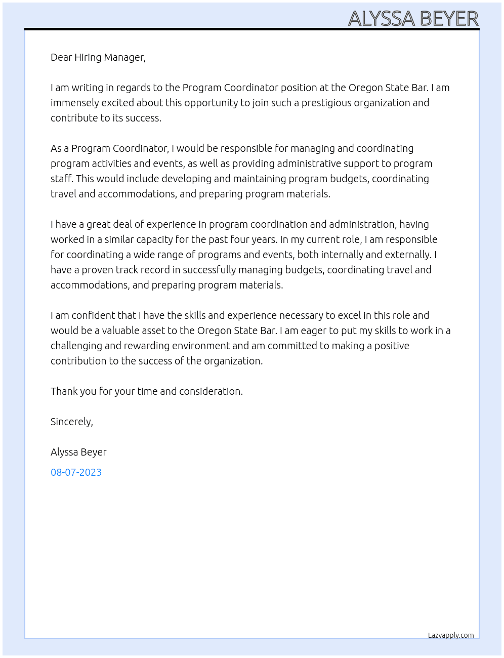Program Coordinator At Oregon State Bar Cover Letter