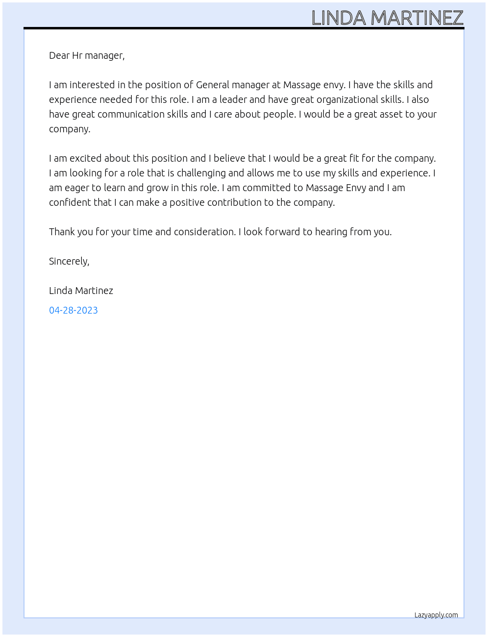 General manager  At Massage envy Cover Letter