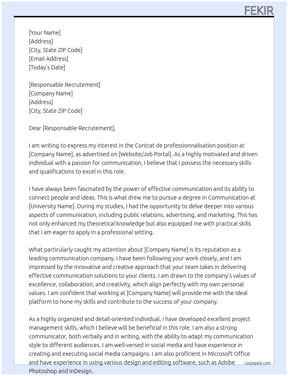 Contrat de professionnalisation At communication Cover Letter