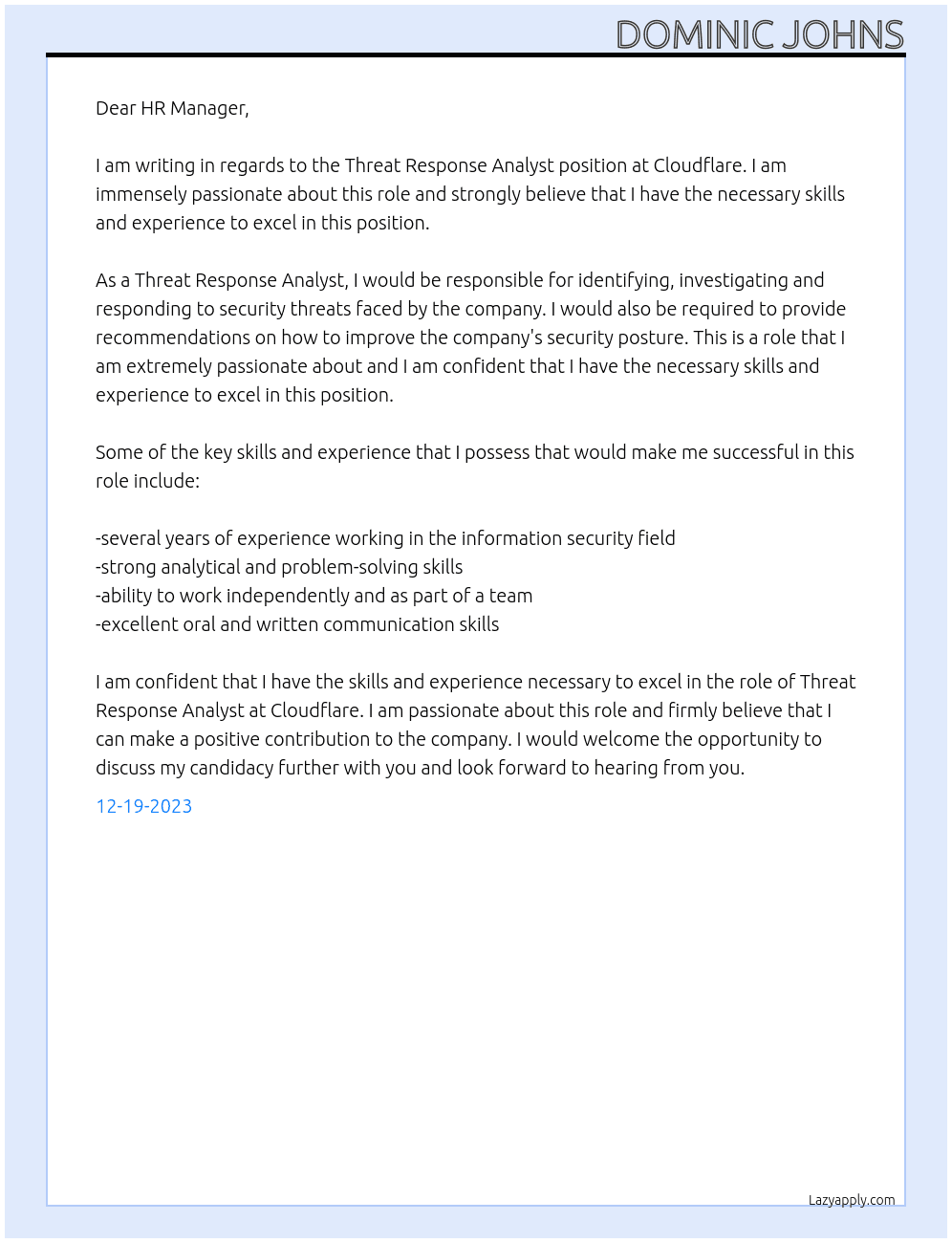 Threat Response Analyst At Cloudflare Cover Letter