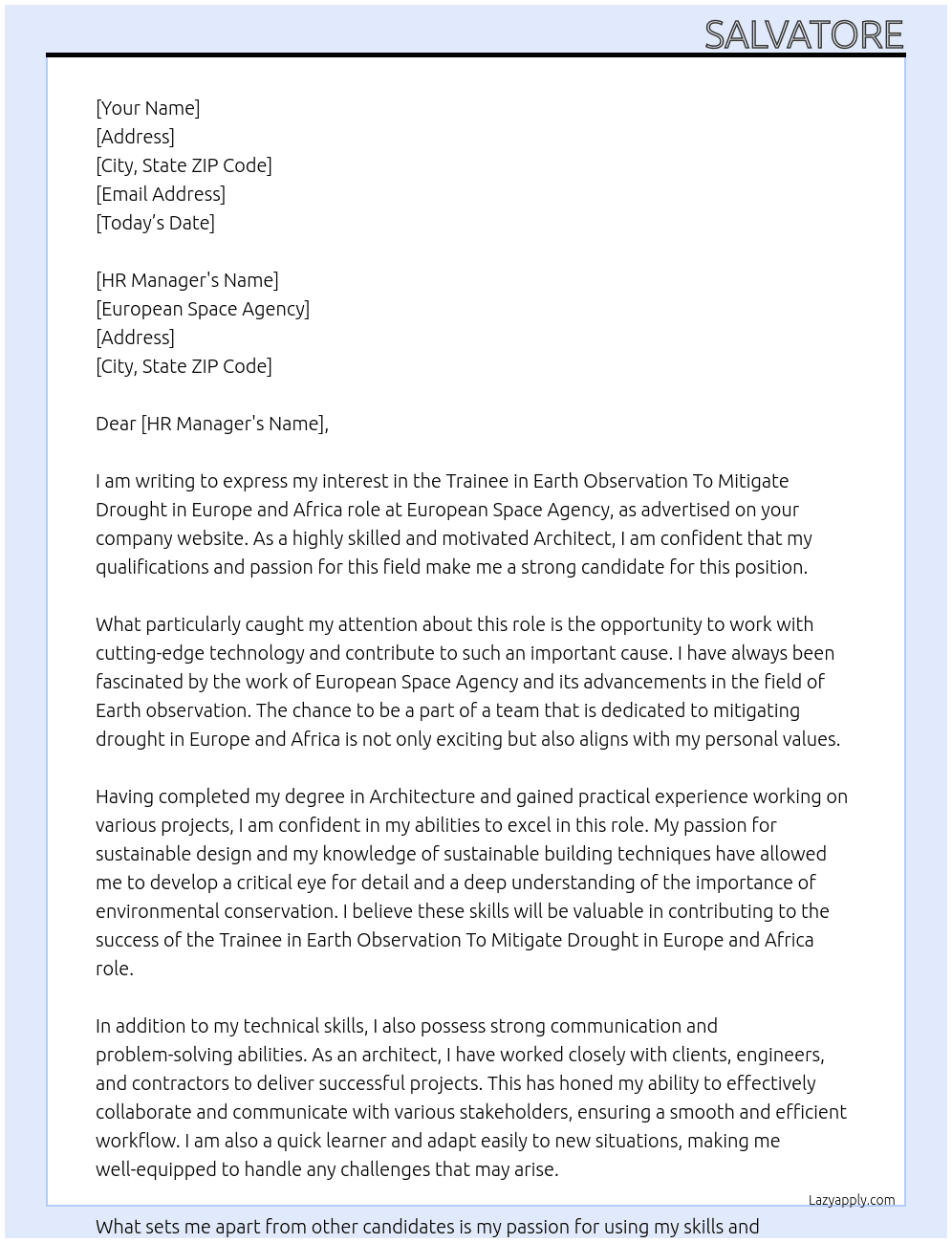 Architect At European Space Agency Cover Letter