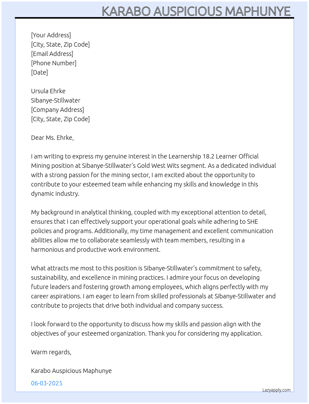 Learnership 18.2 Learner Official Mining At Sibanye-Stillwater  Cover Letter
