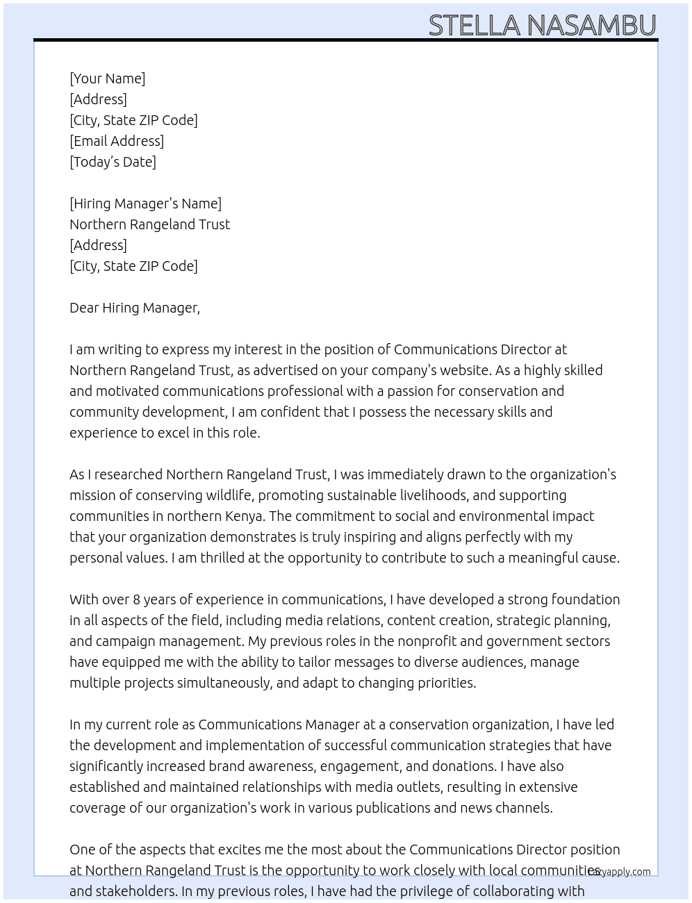 Communications Director  At Northern Rangeland Trust  Cover Letter