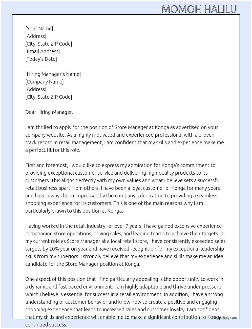 Store Manager  At Konga  Cover Letter