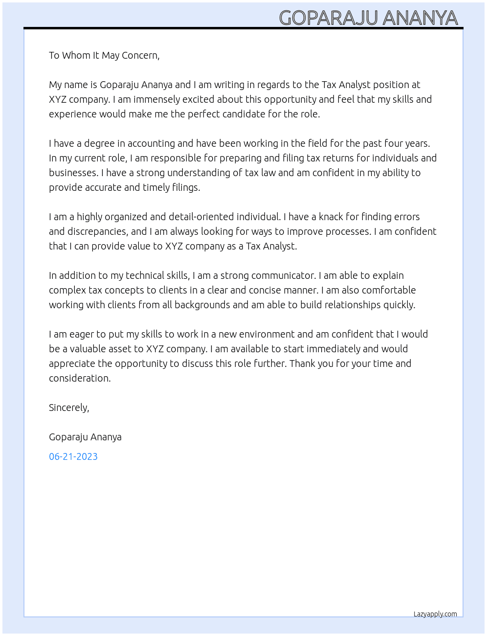Tax analyst  At Xyz Cover Letter