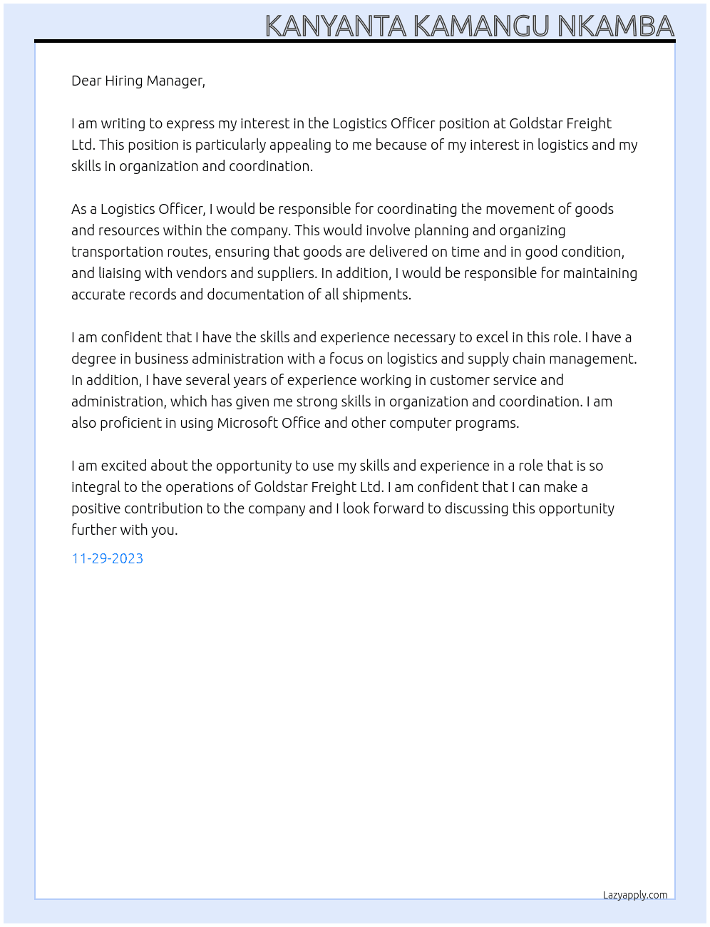 Logistics Officer At Goldstar Freight Ltd Cover Letter
