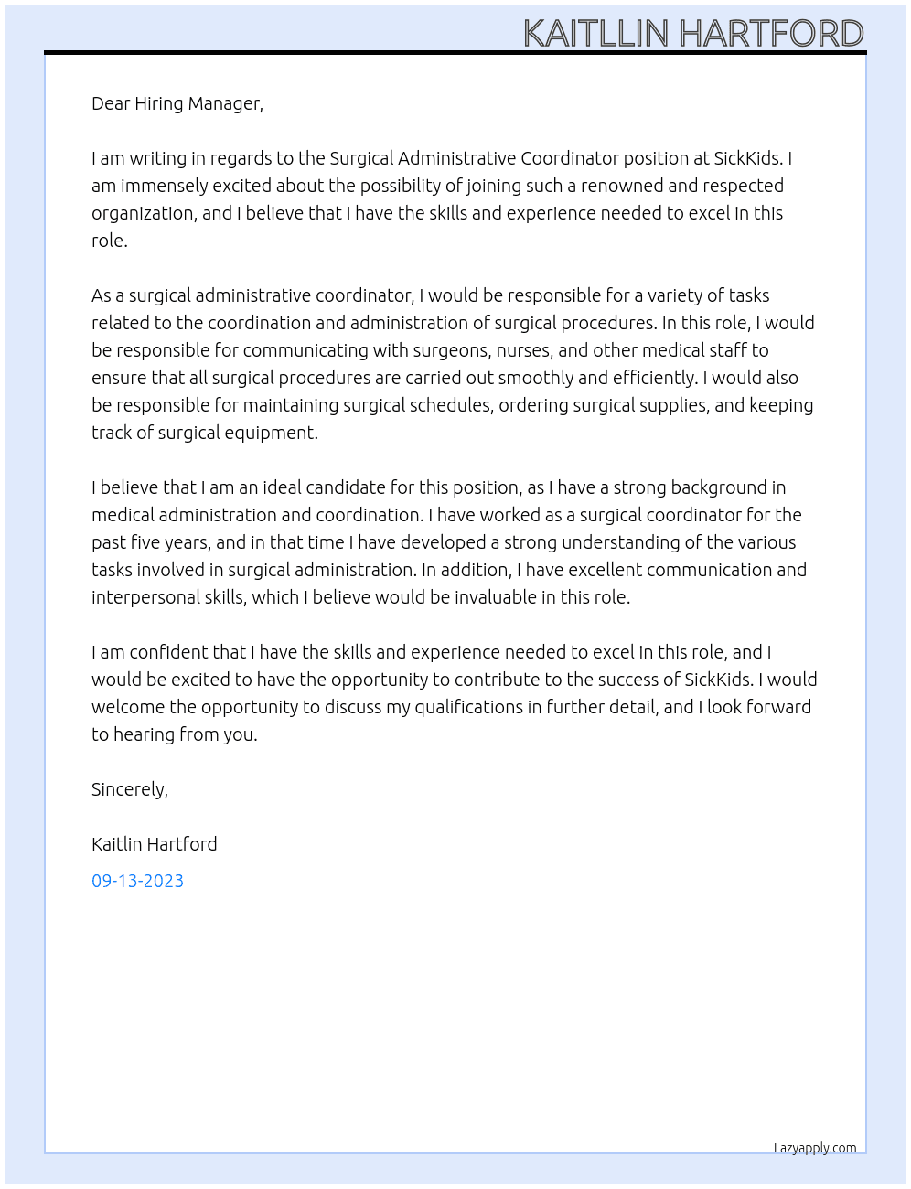 Surgical Administrative Coordinator At SickKids Cover Letter