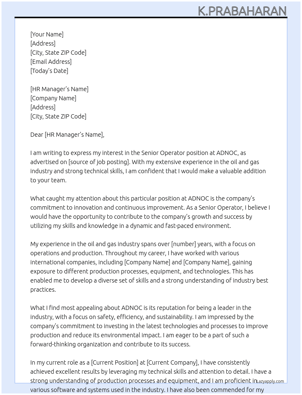 SENIOR OPERATOR At ADNOC Cover Letter