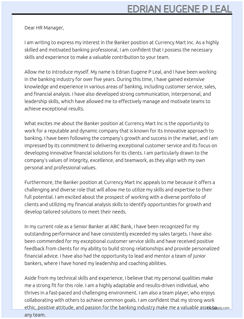 Banker At Currency Mart Inc Cover Letter
