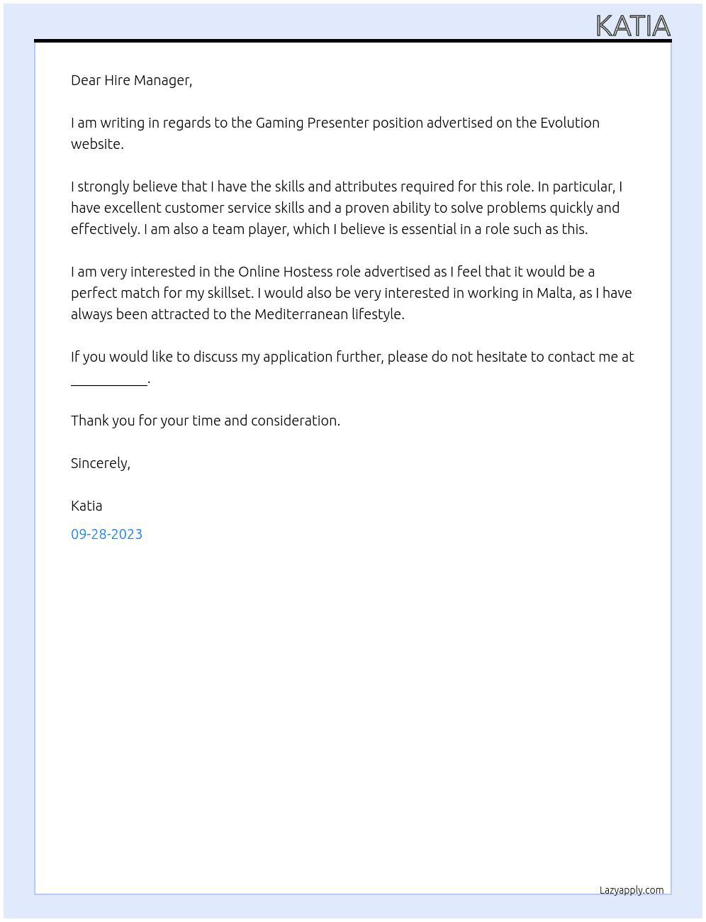 Gaming Presenter At Evolution Cover Letter