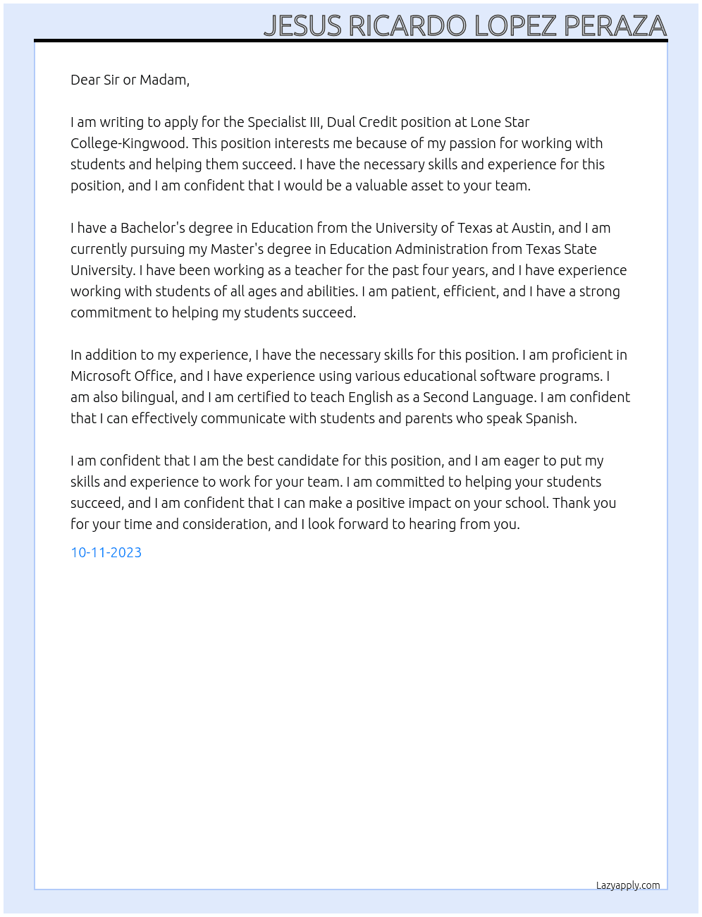 Specialist III, Dual Credit At Lone Star College Cover Letter