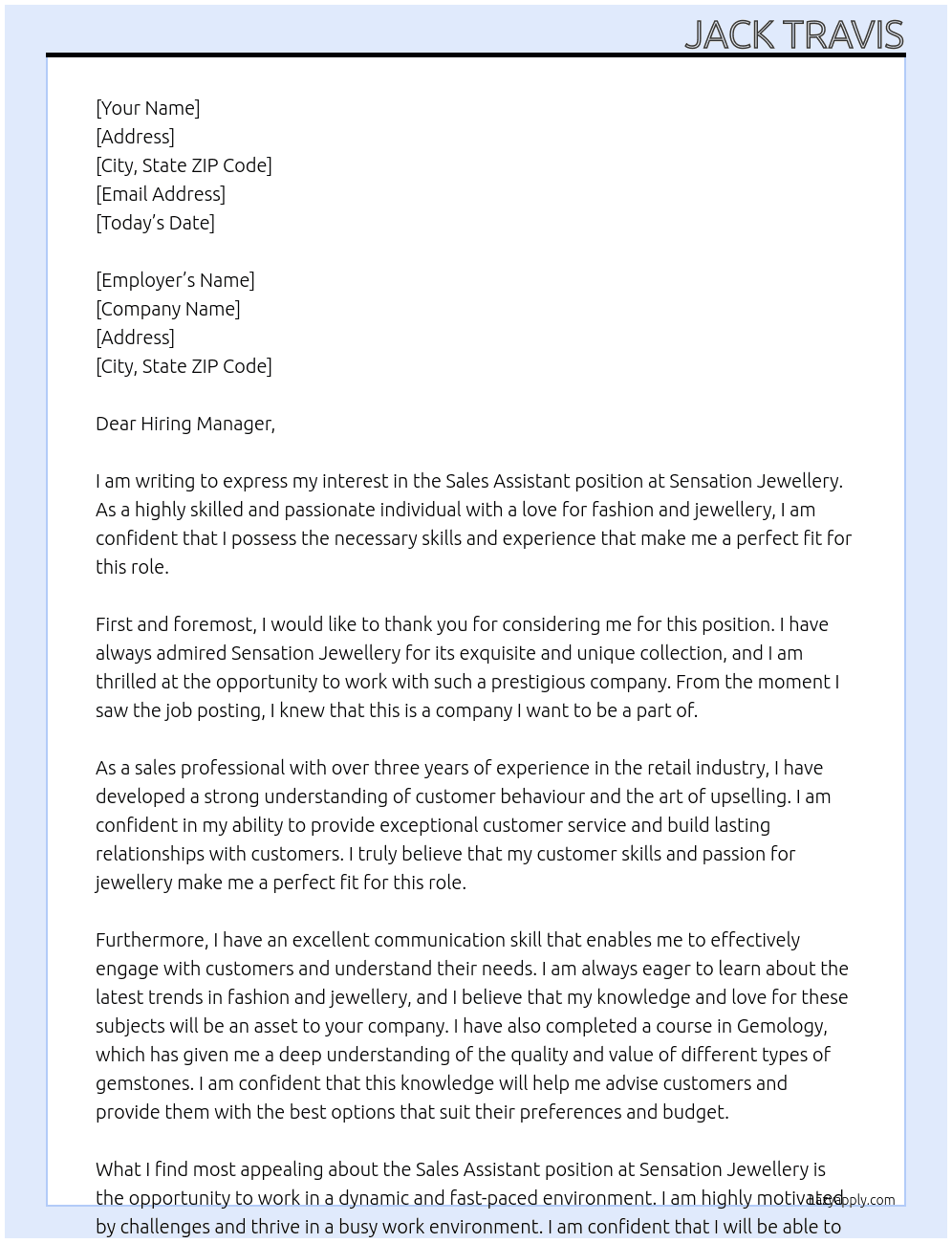 Sales Assistant  At Sensation Jewellery  Cover Letter
