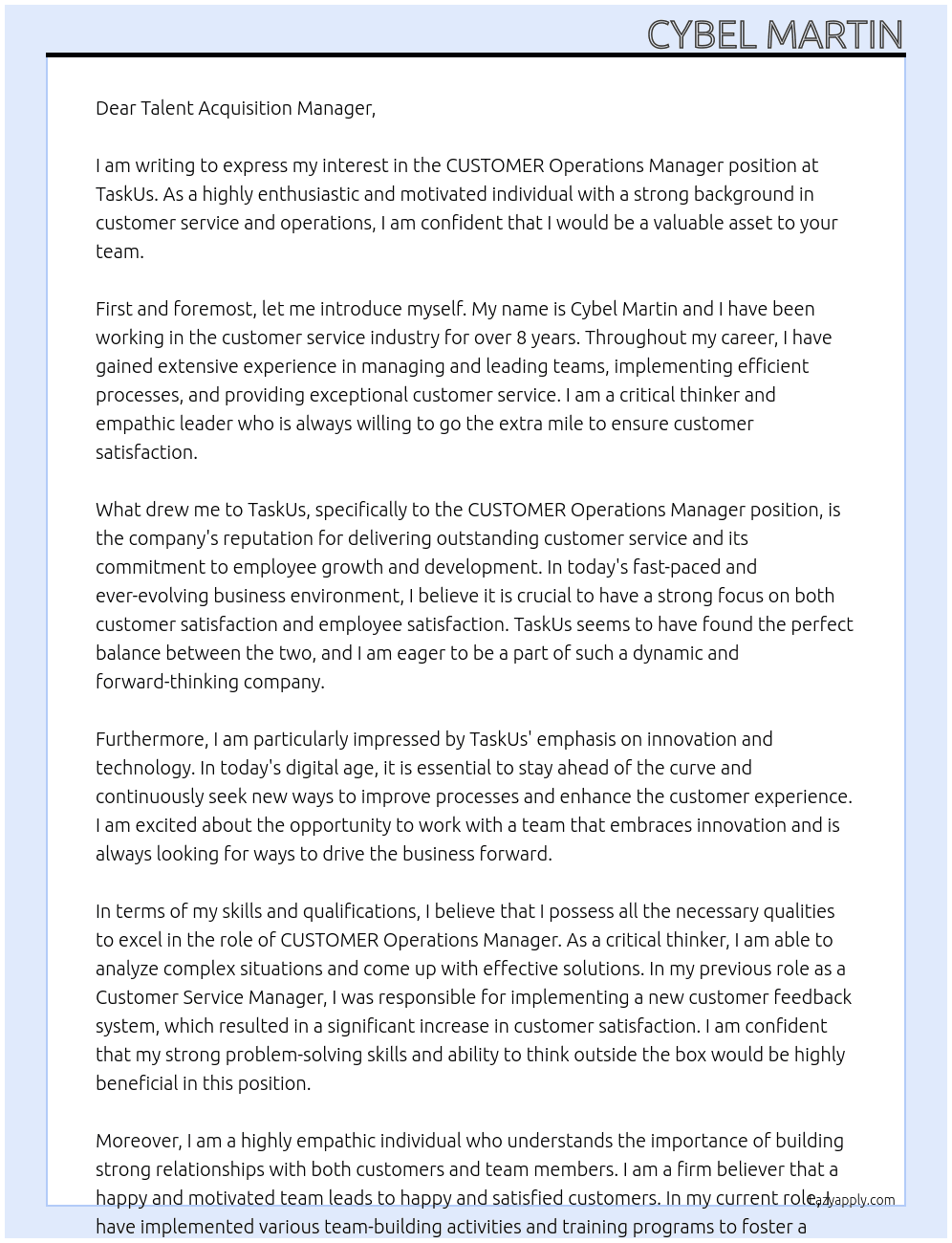 CUSTOMER Operations Manager At TaskUs Cover Letter