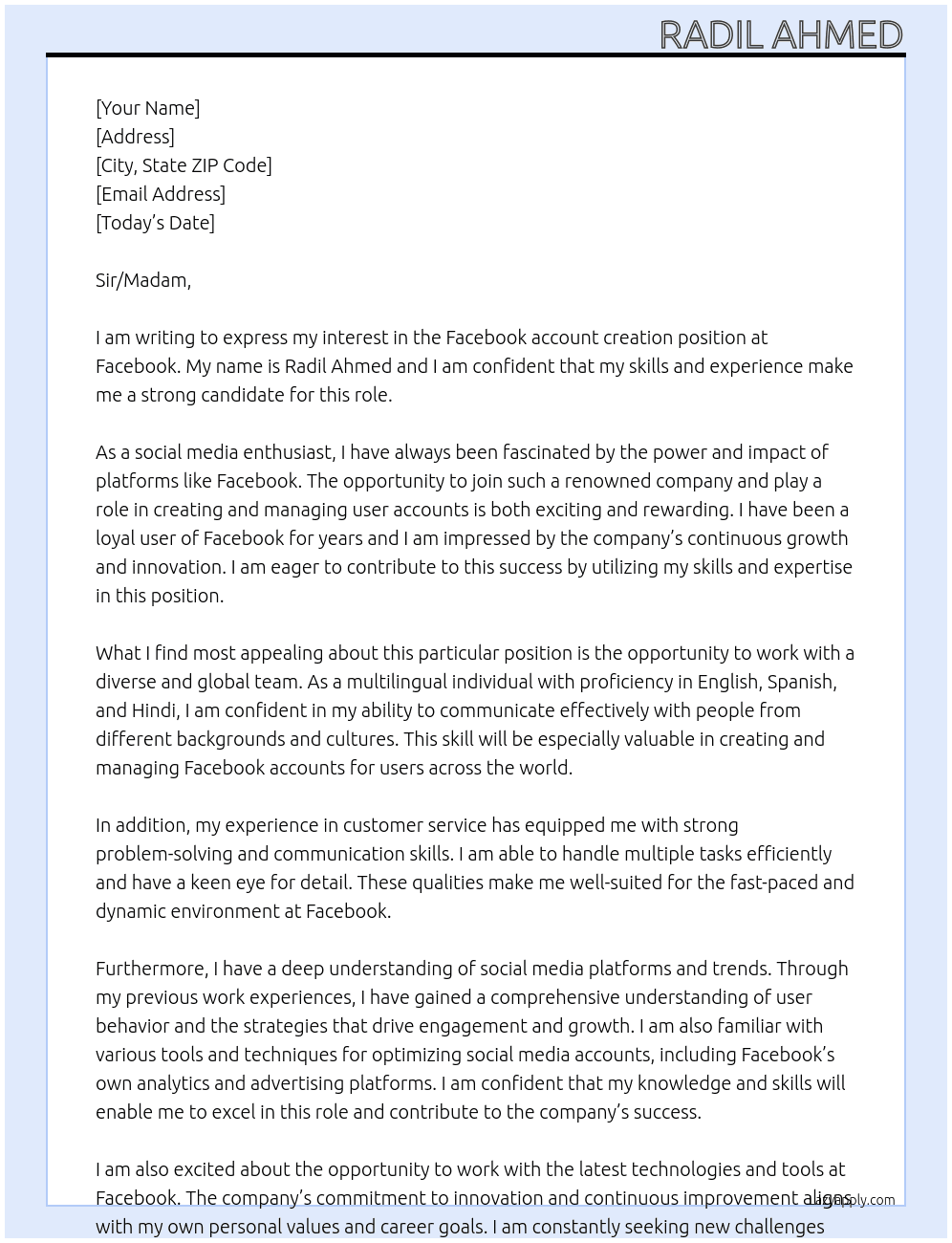 Facebook account creation At Facebook Cover Letter