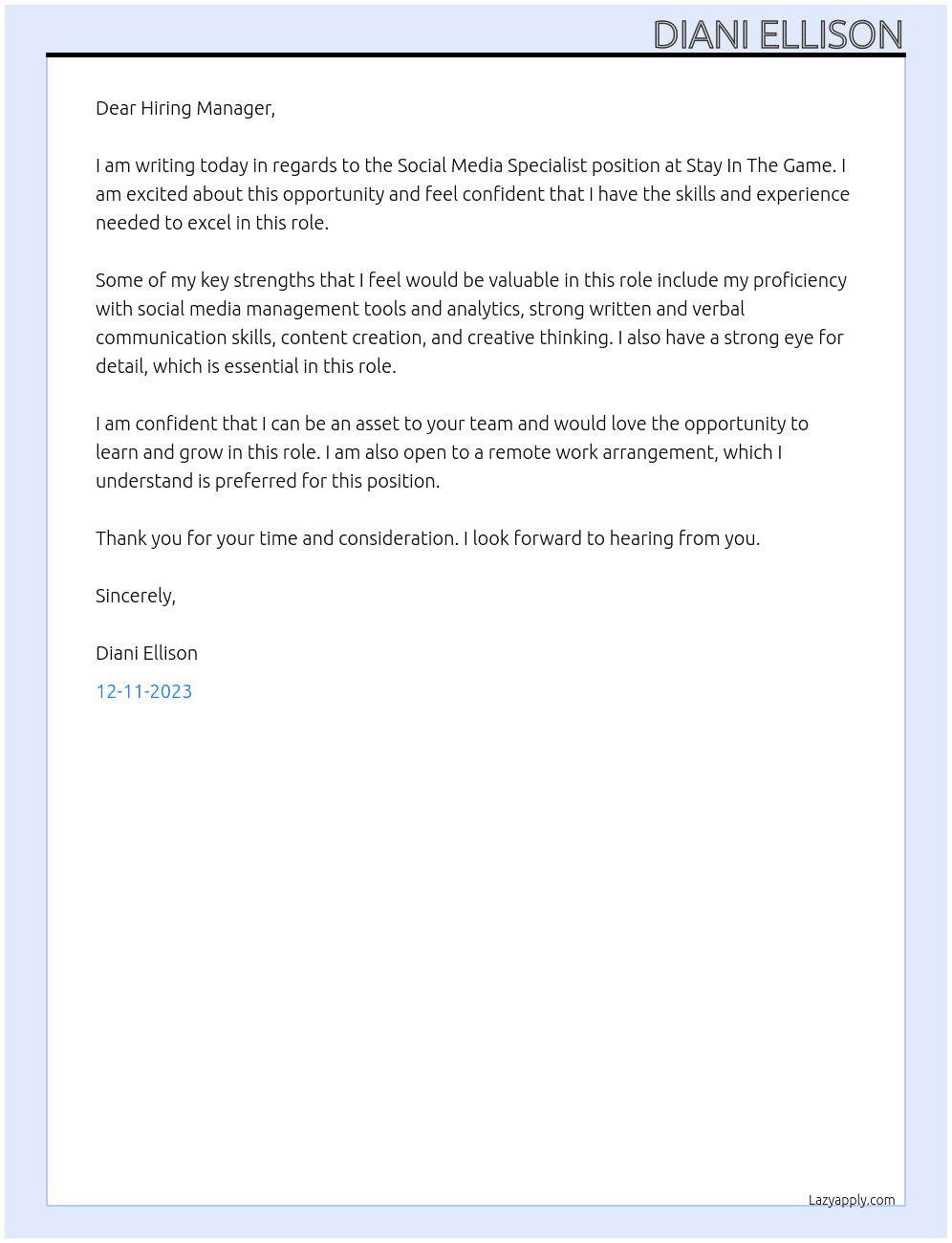 Social Media Specialist At Stay In The Game Cover Letter