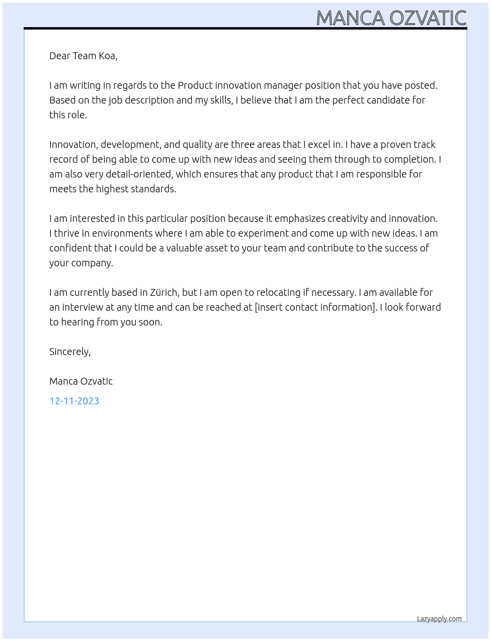 Product innovation manager At Koa Switzerland AG Cover Letter