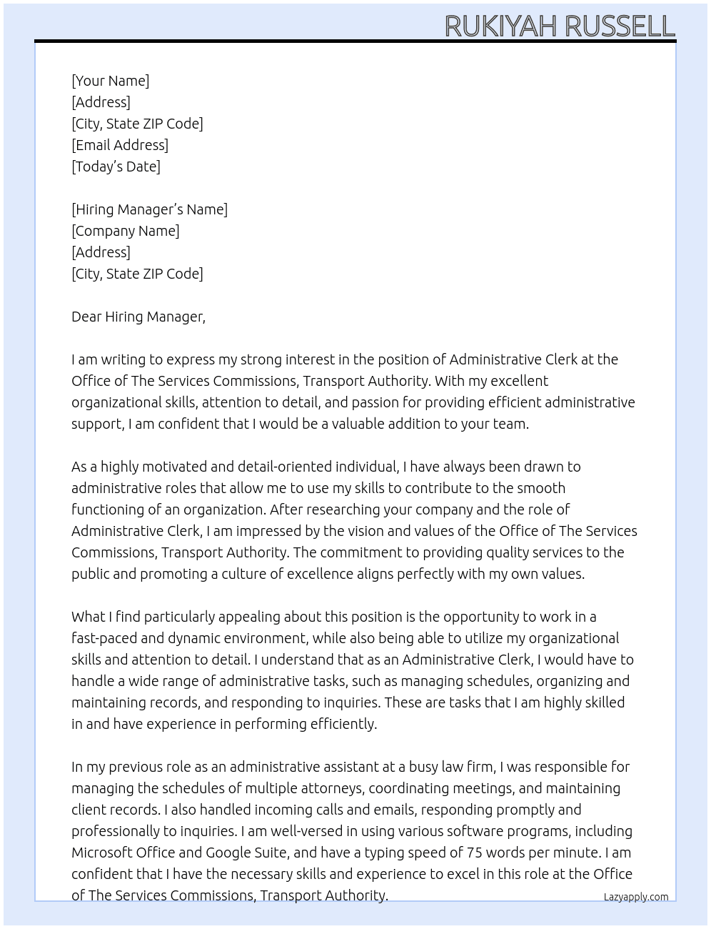 Administrative Clerk At Office of The Services Commissions, Transport Authority Cover Letter