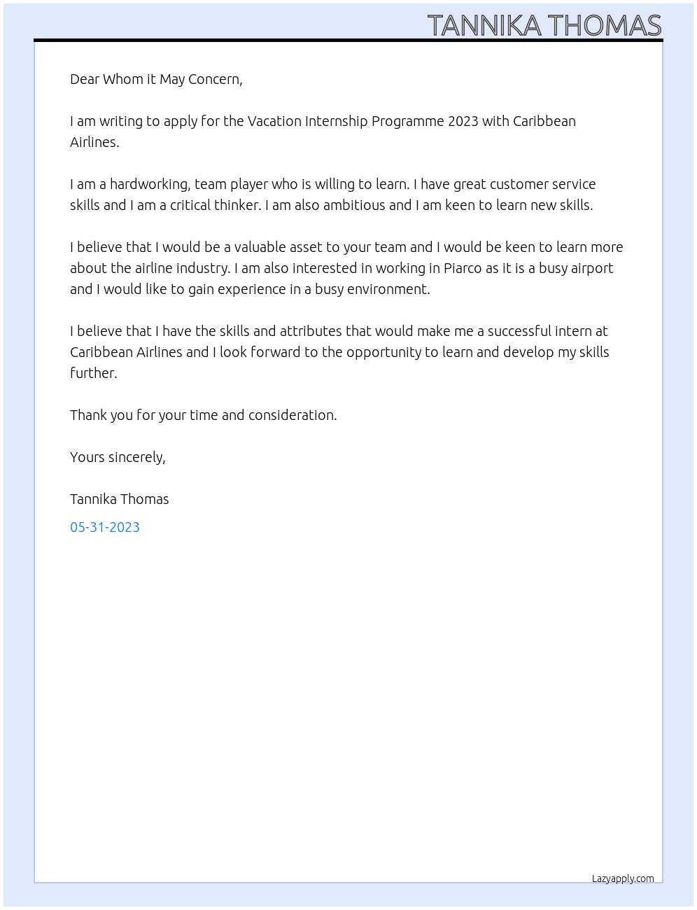 Vacation Internship Programme 2023 At Caribbean Airlines  Cover Letter