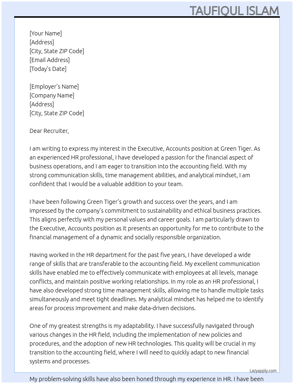 Executive, Accounts At Green Tiger Cover Letter
