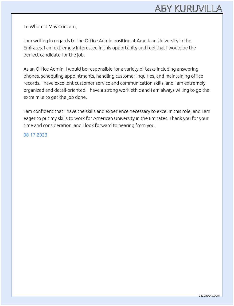Office admin At American University in the Emirates Cover Letter