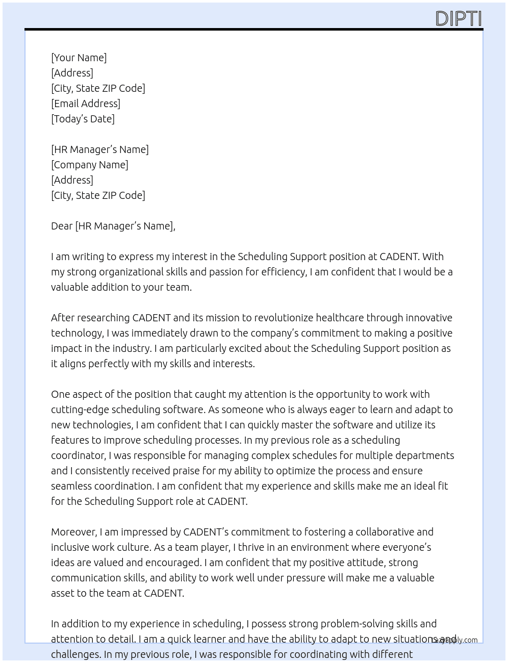 Scheduling Support At CADENT Cover Letter
