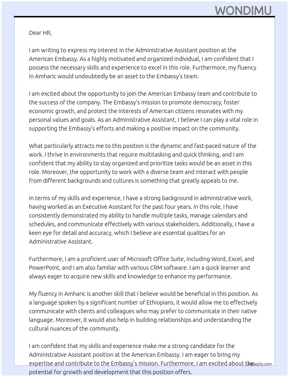 Administrative assistant(GSO) At American Embassy  Cover Letter
