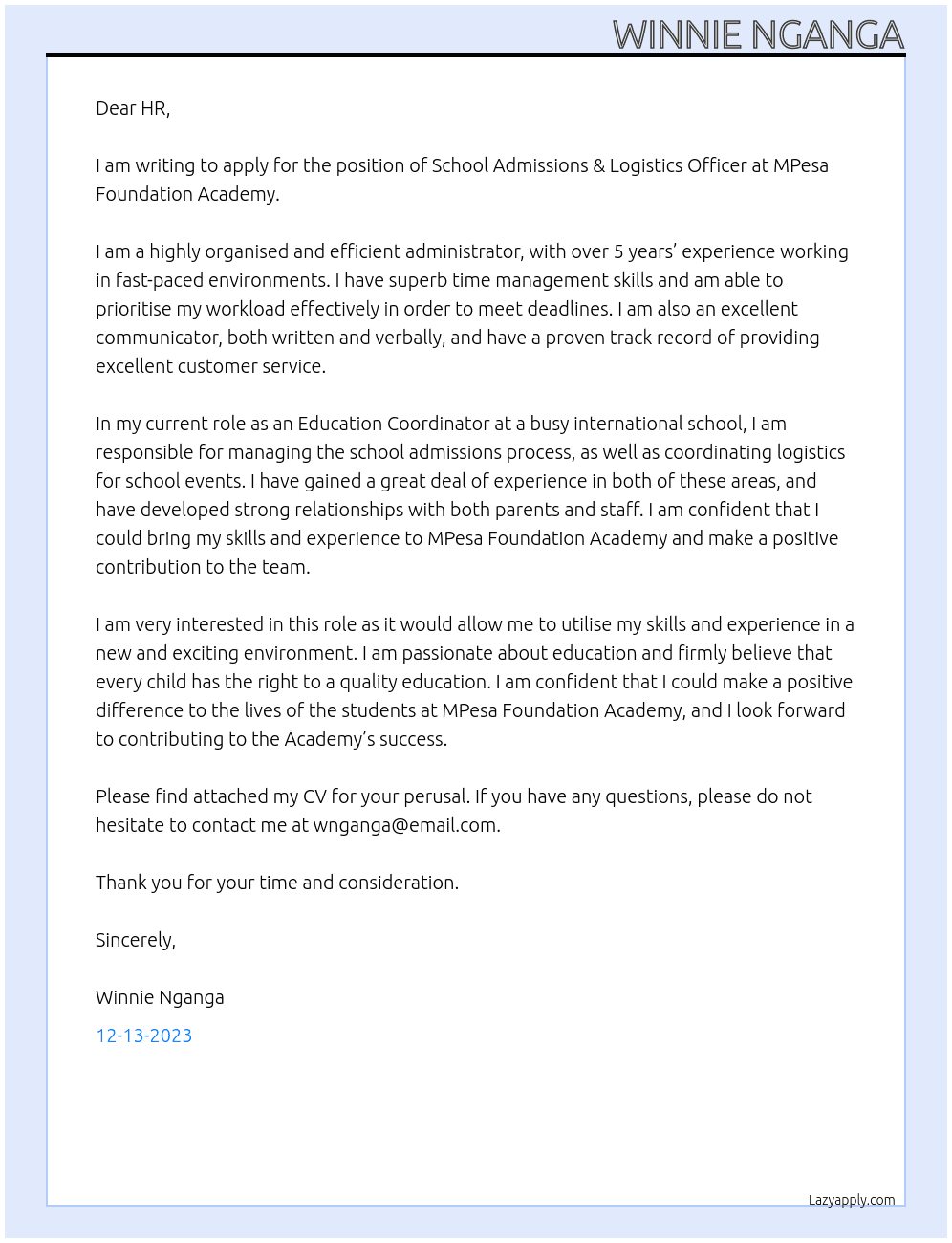 SCHOOL ADMISSIONS & LOGISTICS OFFICER  At MPESA FOUNDATION ACADEMY Cover Letter