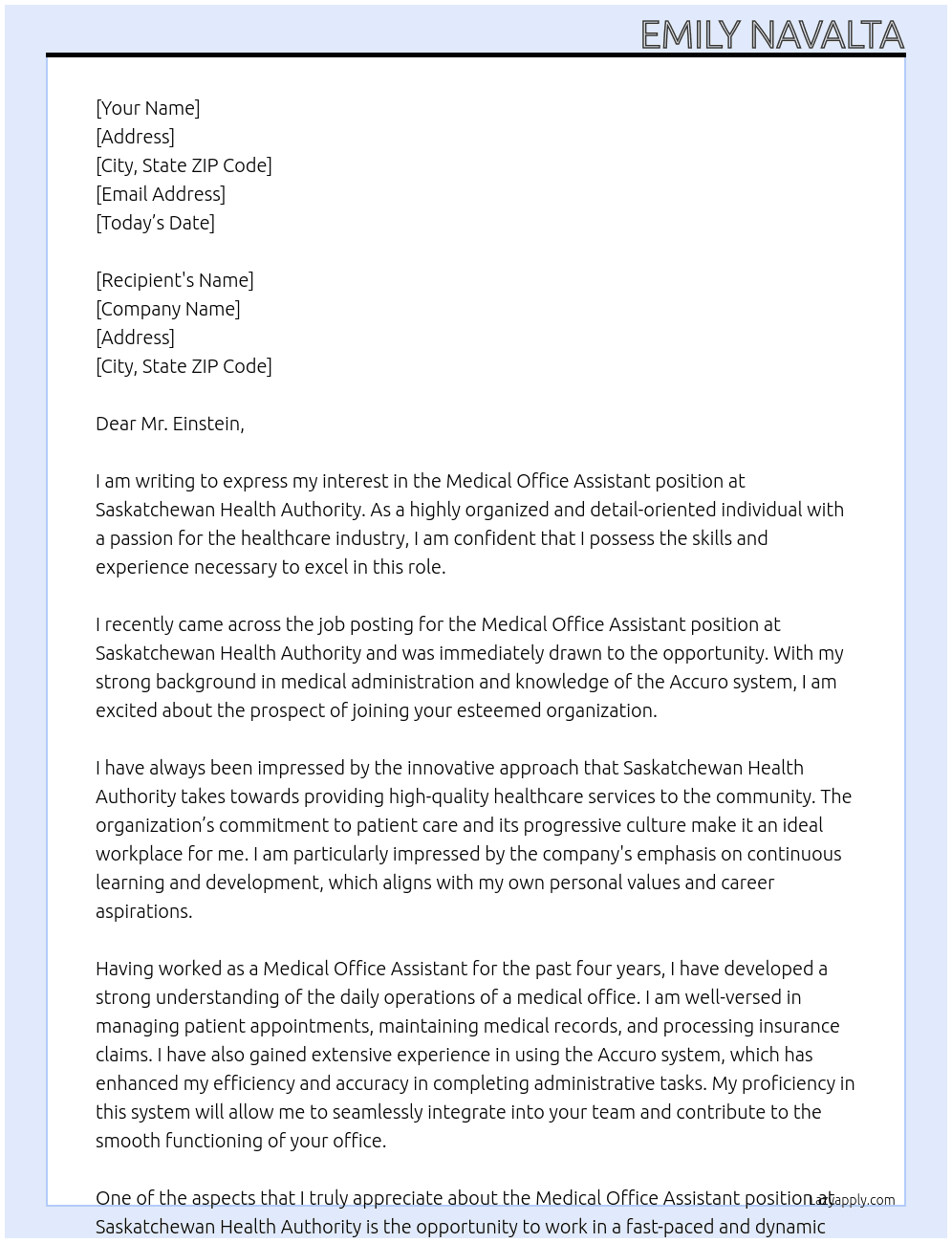 Medical Office Assistant At Saskatchewan health Authority Cover Letter
