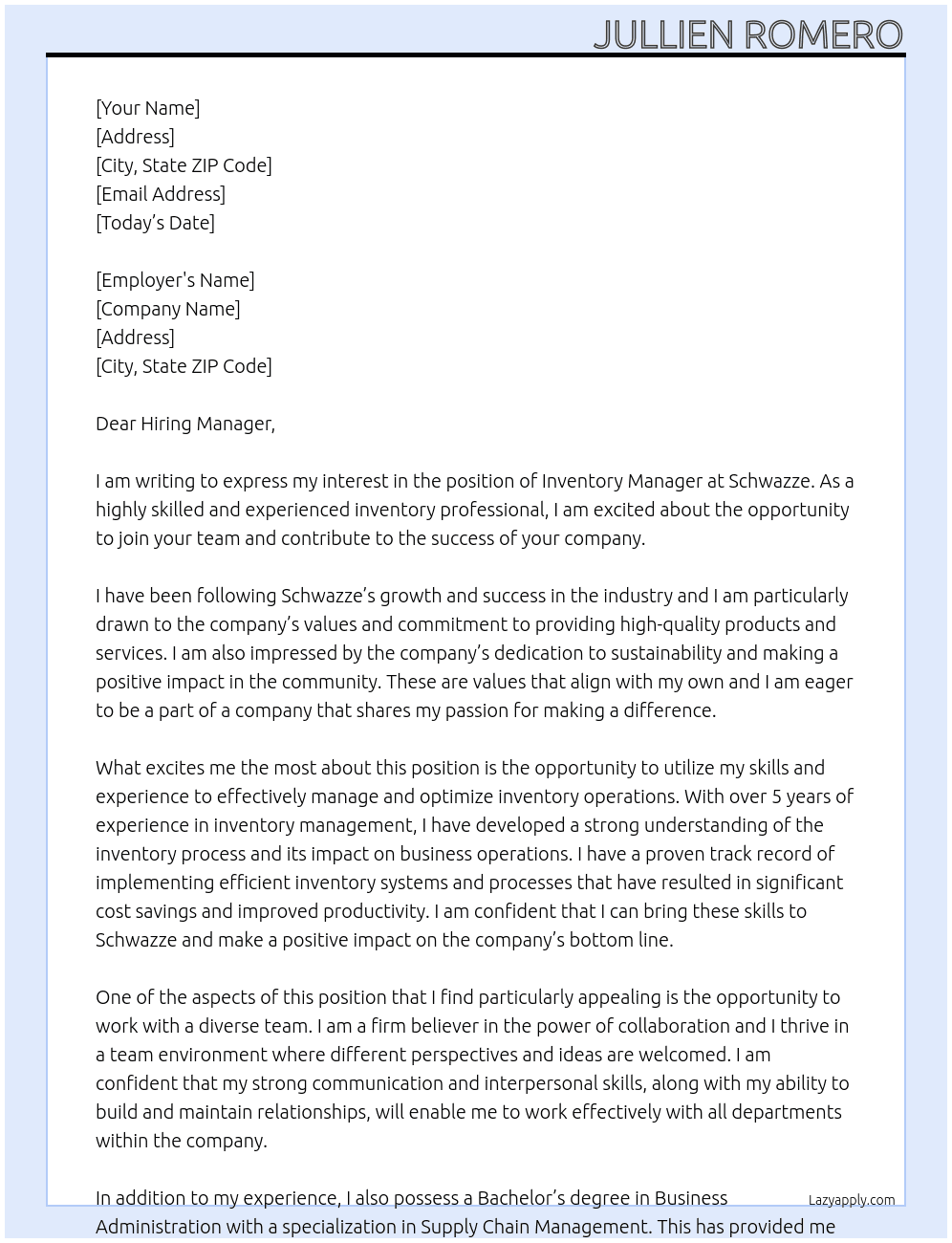 Inventory manager  At Schwazze Cover Letter
