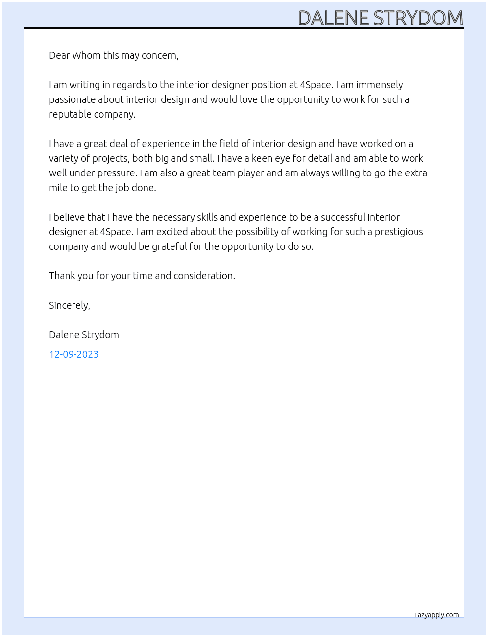 interior designer At 4Space Cover Letter