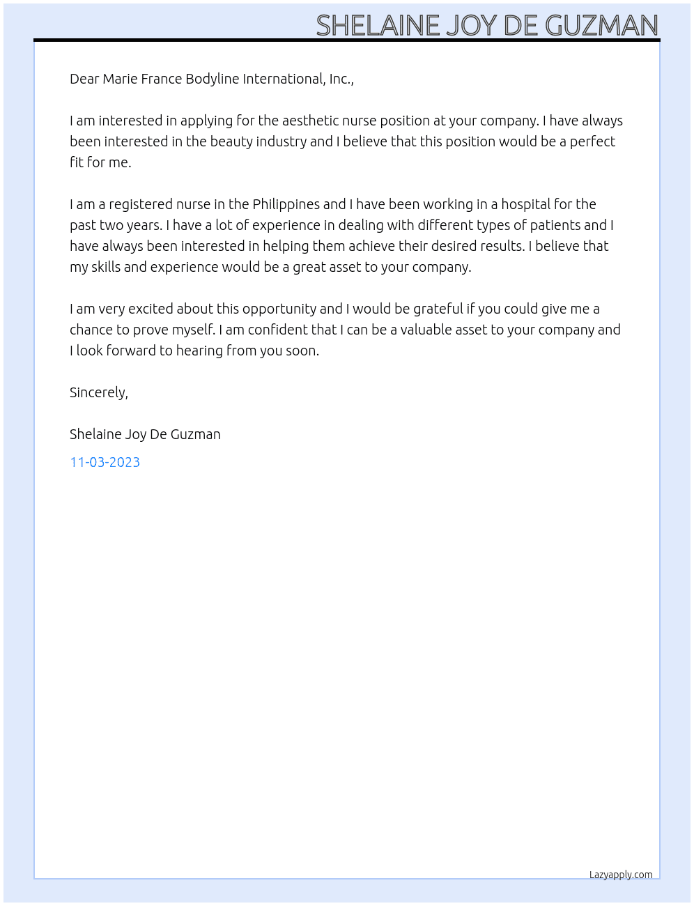 Aesthetic Nurse At Marie France Bodyline International, Inc. Cover Letter